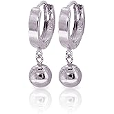 14k Solid White Gold Hoop Earrings Ball Dangling