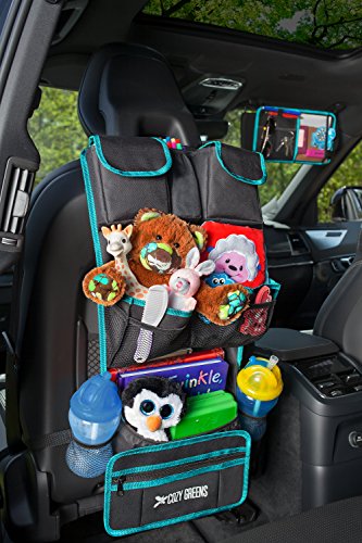 Car Organizer for Back Seat | Eco-Friendly & Strong | Kick Mat Protects Backseat | Free Visor Organizer | Storage for Toys, Travel Accessories, Tablet | Baby Shower Gift Box (Green and Black)