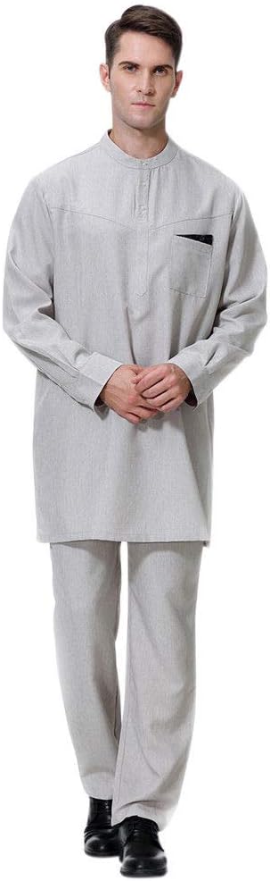 Poonkuos Men Muslim Dubai Robe - Long Sleeve Top with Trousers Saudi Arab Thobe Islamic Clothing Round Neck