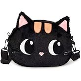 Cute Plush Black Cat Shoulder Bag, Crossbody Bag, Kawaii Animal Purse with Zipper for Women