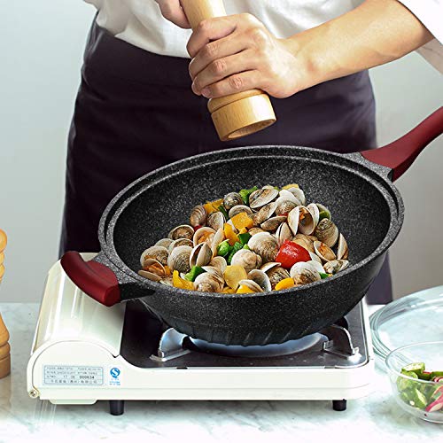 Chinese Wok Nonstick Die-casting Aluminum Dishwasher Safe Scratch Resistant PFOA Free Induction Woks And Stir Fry Pans with Glass Lid 12.6Inch, 5.9L - Black