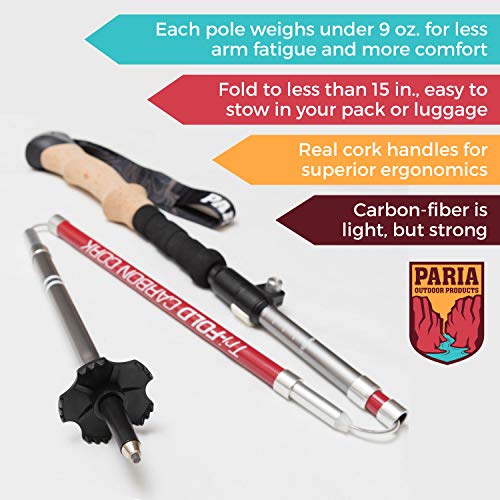 Paria Outdoor Products Tri-Fold Carbon Cork Trekking Poles/Sticks - Folding, Collapsible, Adjustable, and Ultralight - Perfect for Hiking, Walking, Backpacking and Snowshoeing (100-120 cm)