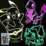 Pikachu Toys Night Light - 3D Illusion Lamp Three Patterns and 16 Color Change Decor Lamp with Remote Control, Christmas Gifts for Kids, Boys, Girls