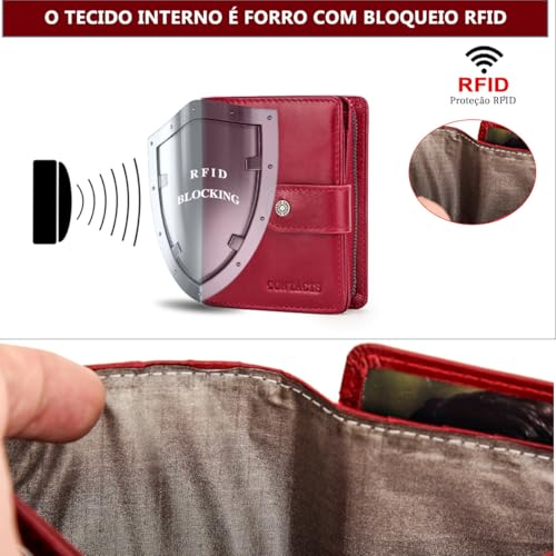 CONTACTS Carteira de Couro Legítimo Feminina com Porta-Cartões (11 Slots), Porta-Foto, Porta-Moedas, Compartimento para Cédulas e Recibos, Leve e Proteção RFID – Cor Vermelho