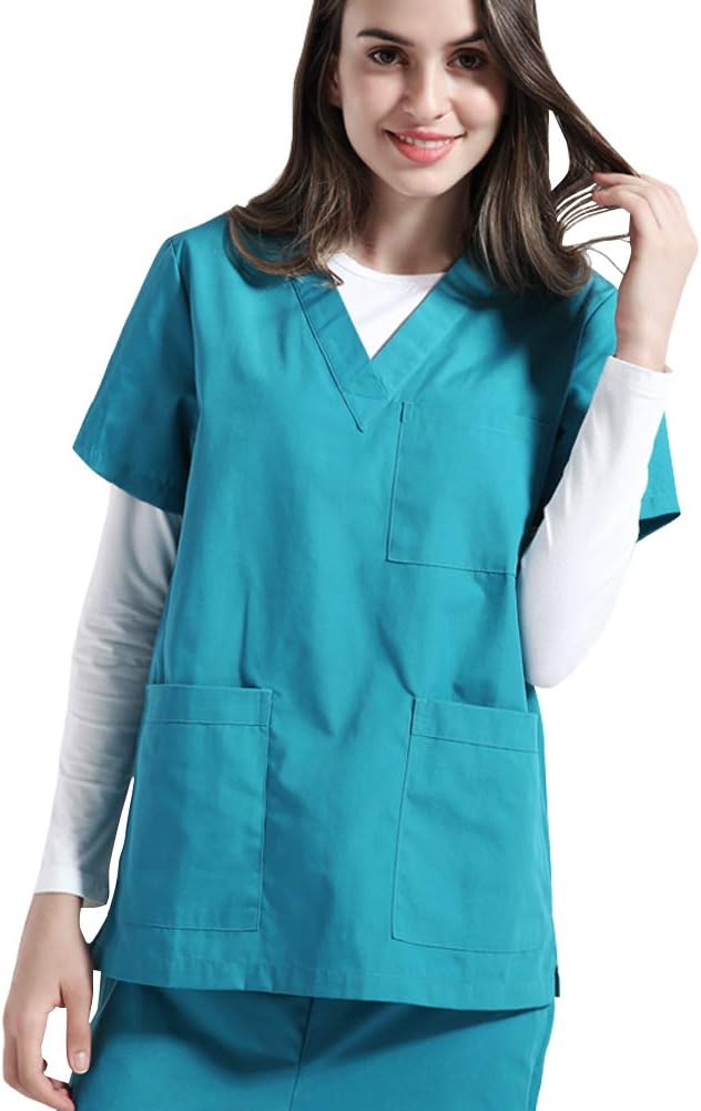 Women's V-Neck Solid Scrub Top Short Sleeve Lab Coat Scrubs Adult Uniform