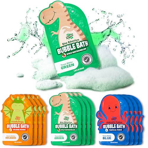 Tub Works® Magical Kids Bubble Bath, Variety 12 Pack | Creates Colorful Water & Tons of Bath Bubbles | Nontoxic | Character-Themed Bubble Bath for Kids | Green, Blue & Orange Bath Colors