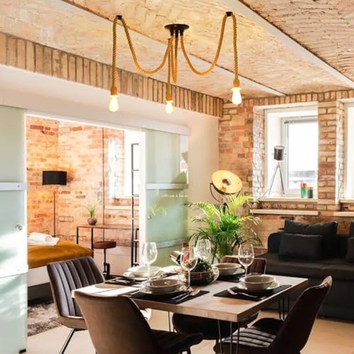 ANWIO Hemp Rope Pendant Lamp, Industrial E27 Lamp, Rustic Ceiling Lamps with 3 Bases, Vintage Ceiling Lamp, Ideal for Dining Room, Restaurant, Bar, Cafe, Living Room, Living Room (No Bulbs)