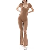 PUMIEY Flare Jumpsuits for Women Scoop Neck Short Sleeve Bodycon Casual Unitard Chill Collection