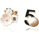 Srazeyo Fashion number 5 women's flower earrings asymmetric pearl earrings Hundreds of retro jewellery Earrings gifts, Black, White, Pink