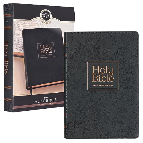 KJV Holy Bible, Thinline Large Print Faux Leather Red Letter Edition Thumb Index, Ribbon Marker, King James Version, Black/Debossed Roses (KJV Thinline LP Editions)