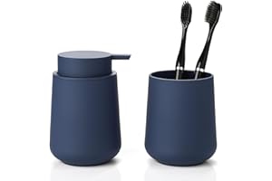 YAUKPH Matte Navy Blue Bathroom Accessories 2 Piece Set Plastic Soap Dispenser and Toothbrush Holder for Modern Bathroom Deco