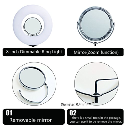 Desk LED Selfie Beauty Ring Light for Phone Live Streaming YouTube or Makeup with Flexible Gooseneck Cell Phone Clamp+3.5" Mirror Portable Photography 8-inch Dimmable 5500K O Circular Ring Lamp