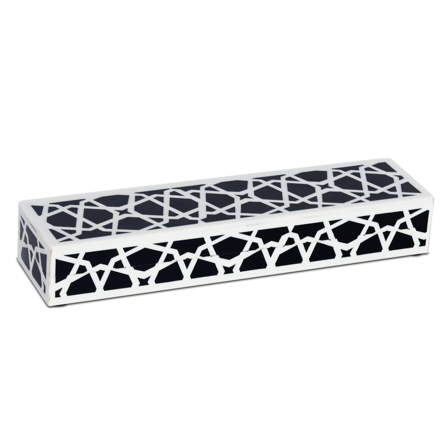 Handicrafts Home Decorative Storage Box with Lid, Black and White Moroccan Zellij Pattern Remote Holder, Slim Coffee Table Box, Geometric Lattice Box for Shelf & Desk Decor, Zellij 10 x 2.5 x 1.5