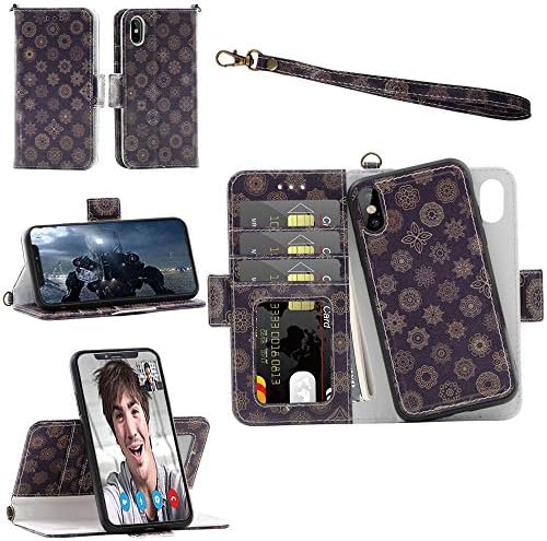 Samgg iPhone X Xs Wallet Detachable Case with Wrist Strap, Magnetic Closure, Card Slot, Kickstand - Luxury Flip Folio Leather Case with Tempered Glass for 5.8 inch iPhone X/iPhone Xs (Mandala #1)