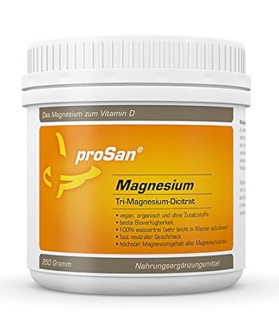 proSan Magnesium, veganes Pulver mit 250 g Tri-Magnesium-Di-Citrat, hoher Gehalt an elementarem Magnesium (16,4%), organisch,