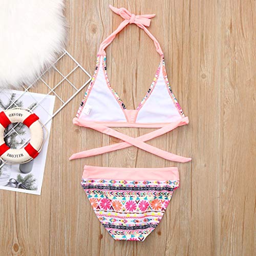 NUWFOR Children Girls Bikini Beach Flower Print Swimsuit+Shorts Swimwear Set Outfit(Pink,7-8 Years)