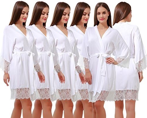 GoldOath Set of 6 Women's Cotton Kimono Robes for Wedding Party Gifts for Bride and Bridesmaid with Lace Trim