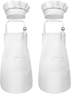4 Stück Weiß Kinder Schürze und Kochmütze Set, Kinder Verstellbare Kochschürze mit 2 Taschen für Jungen Mädchen, Kind Küchenschürzen für Küche Kochen Malerei Backen (7-13 Jahre)