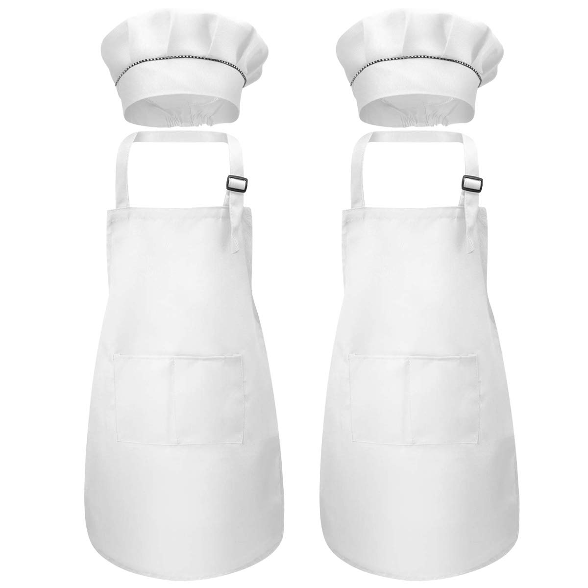 Catime Large Kids Apron and Chef Hat, White Unisex Kids Apron with 2 Pockets, Ages 6-13