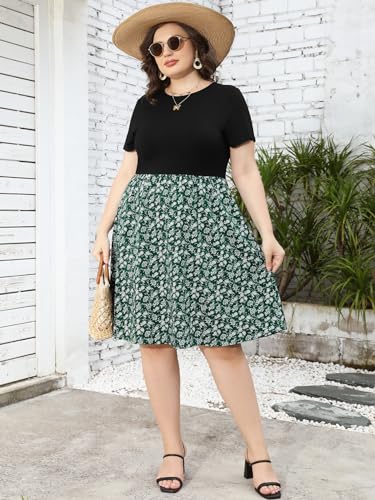 YOUNRUI WOMEN’S PLUS SIZE CASUAL SPRING DRESSES WITH POCKETS SHORT SLEEVE CREWNECK WOVEN&KNIT PATCHWORK FLORAL DRESS(2XL-1011-GN FLORAL)