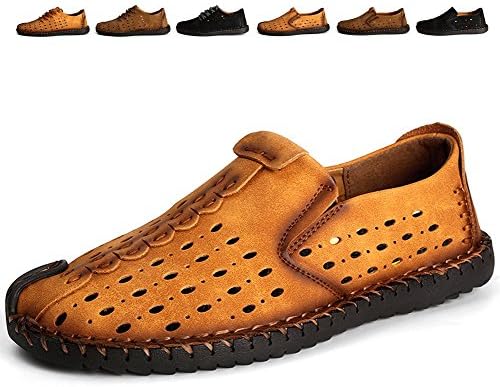 Yahao Mens Breathable Retro Casual Shoes, Leather Outdoor Walking Loafers Summer Flats Driving Shoes (Yellow, Size 8.5)