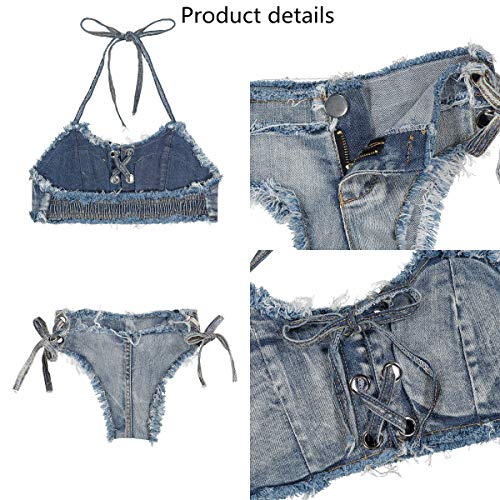 RuoFeng Women's Denim Bikini Set with Jeans Shorts and Bra for Beach