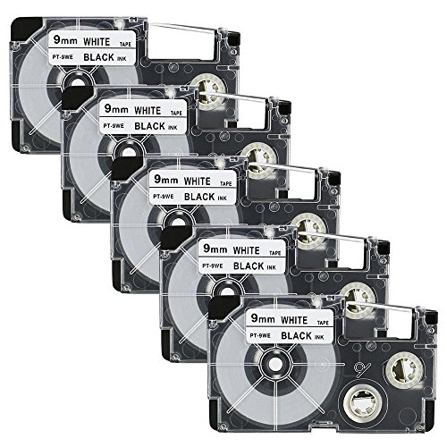 TIANSE 5 Pack Compatible Label Tape Replacement for CASIO XR-9WE Black on White (3/8" x 26', 9mm x 8m)