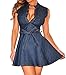 Sexy Womens Denim Belted Button-down Skater Mini Dress