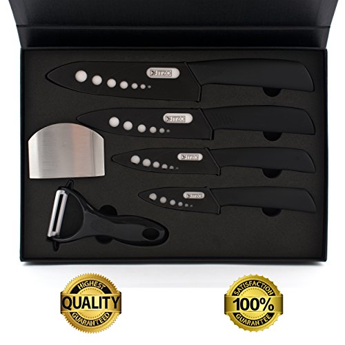 Premium Ceramic Knife Set, 5 Pieces, Chef Recommended & Approved, Polished White Blades, Sheath Included, Professional Grade, Rust Resistant, Gourmet, Bonus Finger Guard Included! (Black)