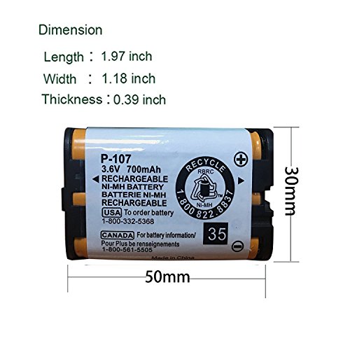 3.6v 700mAh HHR-P107 Rechargeable Cordless Phone Battery Compatible with for Panasonic HHR-P107 HHRP107 HHR-P107A HHRP107A Cordless Telephone (Pack of 2) BAOBIAN