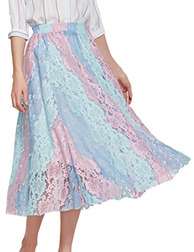 Simple Show Teens Irregular Vintage Pleated Elastic Midi A-Line Lace Skirt(Pink,L)