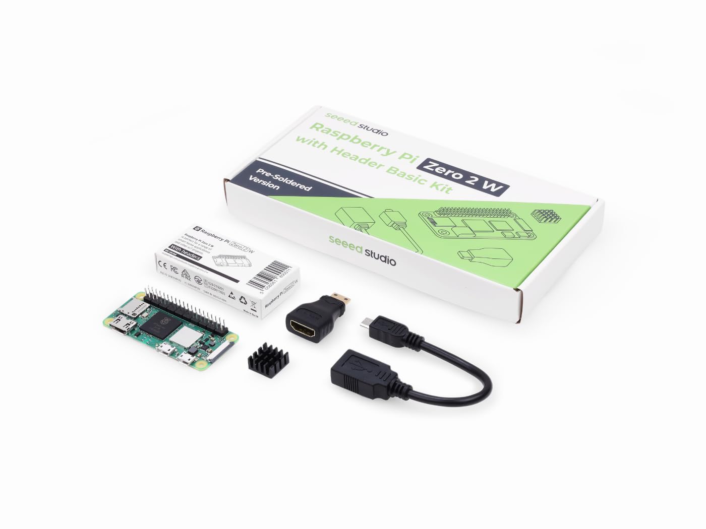 Photo 1 of Raspberry Pi Zero 2 WH Kit, Official Pre-Soldered Header, Heatsink, USB Cable, HDMI Adapter (with Quad-core CPU,Bluetooth 4.2,BLE,onboard Antenna,etc.)