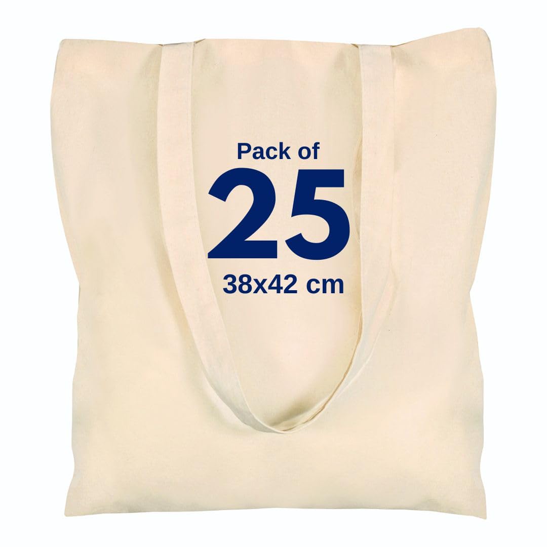 Cotton Canvas Plain Tote Bags to Decorate in Bulk Pack of 3/5/10/25, 145gsm 100% Natural Cotton Premium Fabric Blank Reusable Large Canvas bag -38 X 42 cm+65cm long Handles (Pack of 25-Natural)