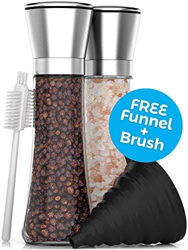 Premium Stainless Steel Salt and Pepper Grinder Set - Best Tall Adjustable Coarseness Grinders - Extra Large 6.3 ounce Capacity Mills - FREE Collapsible Funnel PLUS Cleaning Brush &amp; Recipe eBook