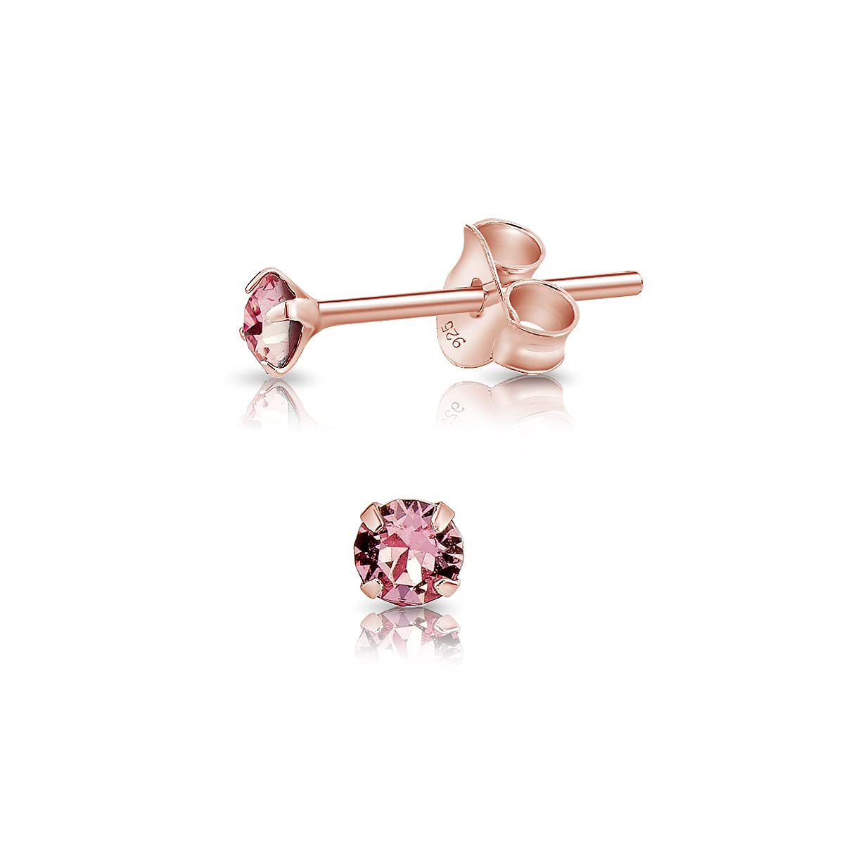 DTPSilver - 925 Sterling Silver Rose Gold plated Round TINY Stud Earrings made with Glittering Crystals from Swarovski® Elements - Diameter: 3 mm - Colour : Light Rose