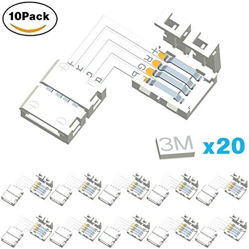 PFDO 10X L Shape 4 Pin Connector 10mm Non-Waterproof Quick Splitter Right Angle Corner Connector 12V 72W Clip for 3528/5050 SMD RGB 4 Conductor LED Strip Lights Strip to Strip (L Shape Connector)