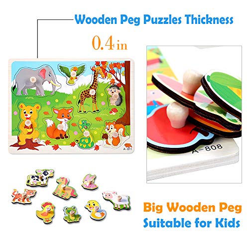 image for Blppldyci Kids Wooden Peg Puzzles Play Set, Animals Farm Pegged Learni