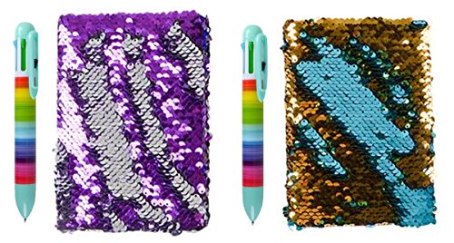 Lightshine Products Reversible Sequin Journal Diary & Rainbow Shuttle Pen Bundle (2 Pens 1 Purple Diary & 1 Turquoise Diary)