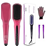 Hair Straightening Brush MCH Ceramic Fast Heating with Heat Resistant Glove, Temperature Lock Function, Adjustable Temperature, Anti-Scald Ionic Hair Brush - Fuscia Pink