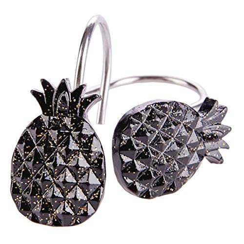 Dimaka Pineapple Shower Curtain Hooks Bling,12PCS of Set Decorative Rust-Proof Resin Stainless Steel Black Pineapple Shower Hooks Rings for Bathroom,Bedroom,Baby Room Decor(Black Pineapple)
