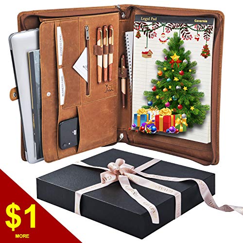 Gavarnie Genuine Leather Padfolio Portfolio Folder with Zipper for Men, Women, Business Christmas Gift Box Set, Brown