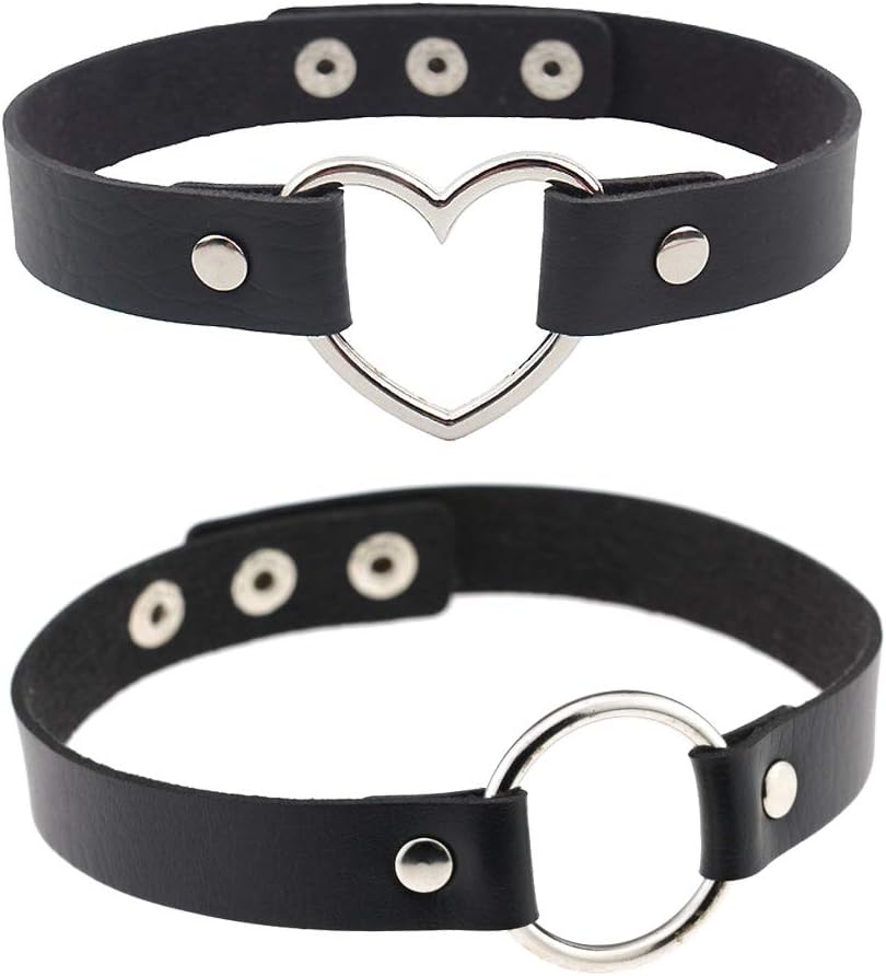 Leather Choker Necklace,Gothic Punk Heart Ring Choker Collar Necklace for Women Girls