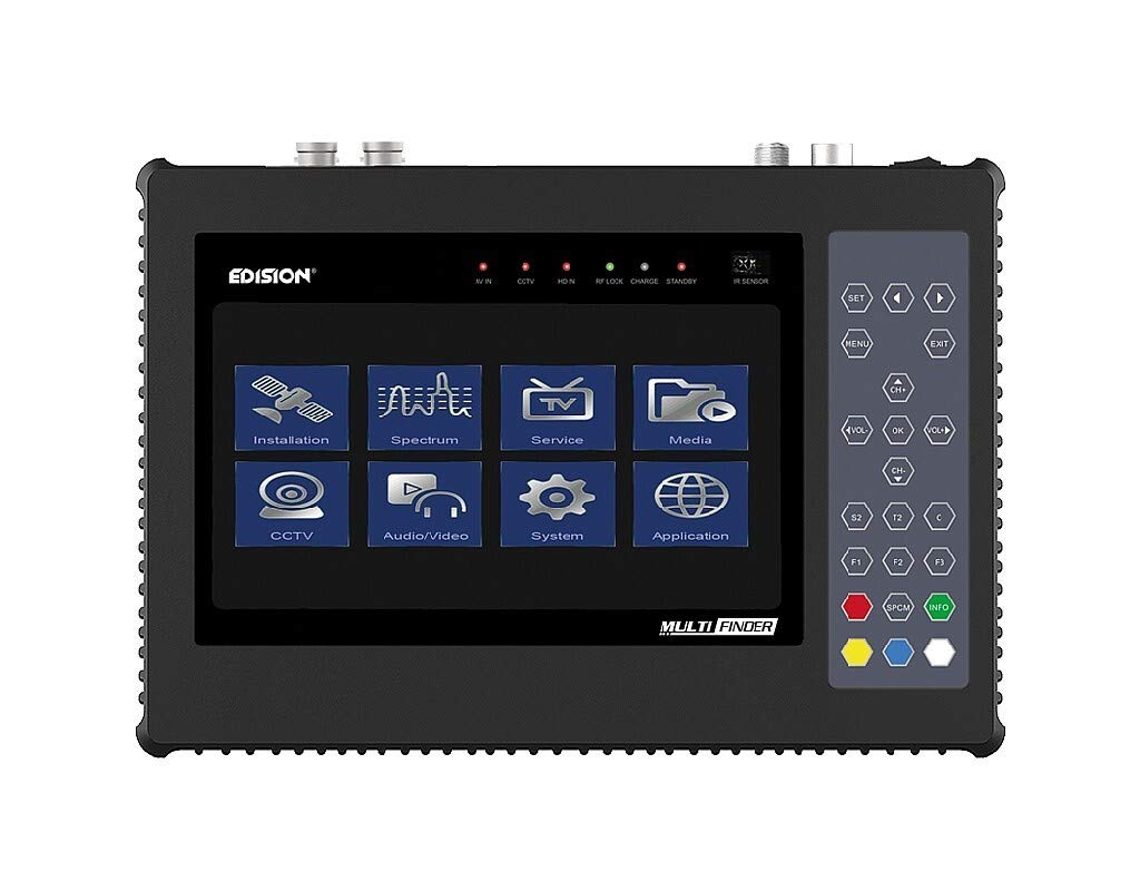 EDISION MULTI-FINDER, for testing Satellite DVB-S/S2, Terrestrial DVB-T/T2, Cable DVB-C signals and CCTV Testing. H265 HEVC, 7-intch LCD color Display, IR remote control., Black
