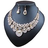 Crystal Glass Water Droplets Large Stones Necklace and Stud Earrings Set for Women (champagne)