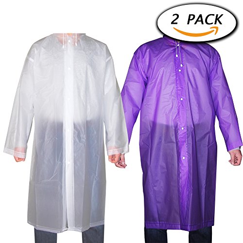 2 Pcs Reusable Rain Poncho with Hood and Sleeves for Adults by Paxcoo