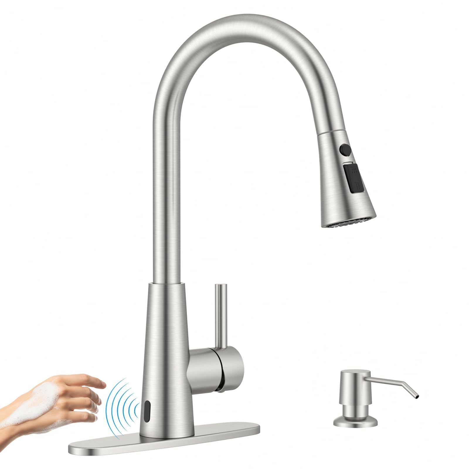 Photo 1 of APPASO Touchless Kitchen Faucet with Soap Dispenser Brushed Nickel, Side Motion Sensor Kitchen Faucet, Single Hanle 3-Mode Hands-Free Faucet for Kitchen Sink