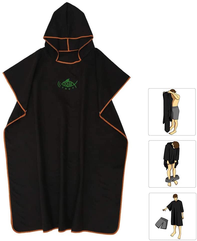miuline Changing Towel Poncho with Hood Quick Dry Swim Drying Robe Microfibre Beach Towel for Adults Womens Men One Size Fit All (black)