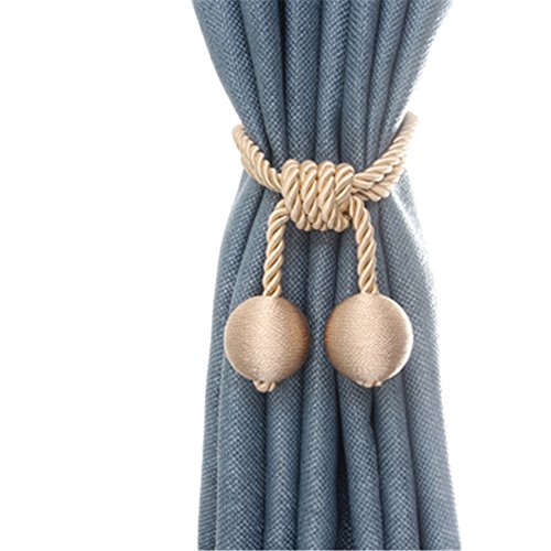 Turbokey 2pcs Curtain Tiebacks Rope Ball Braided Drapery Tassel Clip Buckle Decorative Hand-Knitted Cord Bandages - Beige