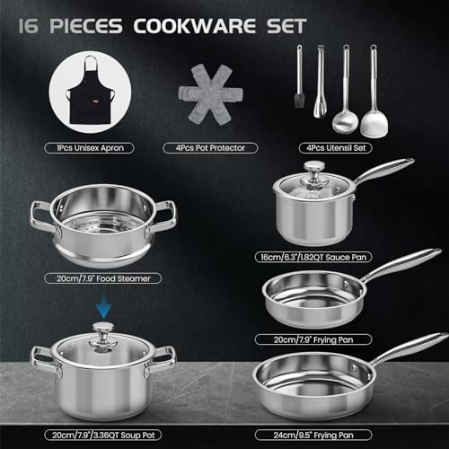 Tieplis 16-Piece Stainless Steel Pots and Pans Set, Non-Toxic Cookware Set with Steamer & Visual Lid, Kitchen Induction Cookware with Utensil Sets, Pot Protectors and Apron for Oven & Dishwasher Safe