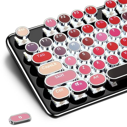 Basaltech Mechanical Keyboard with White LED Backlight,Typewriter Style Gaming Keyboard with Lipstick Round Keycaps, Blue Switches 104-Keys Wired Keyboard Metal Panel for Laptop/pc